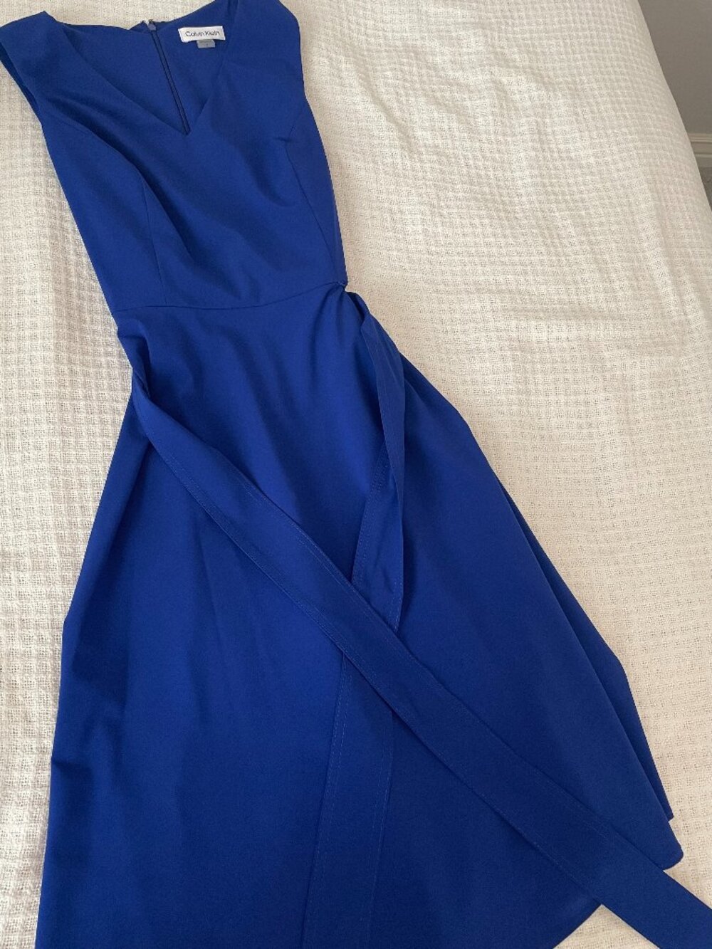 NWOT CALVIN KLEIN Blue Midi A line Dress V neck Size 2